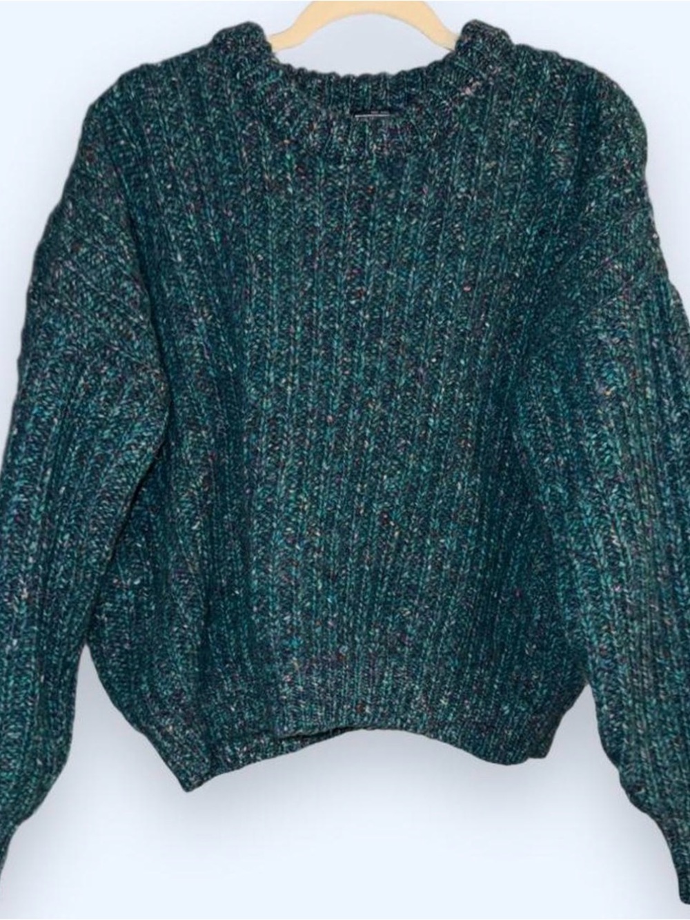 Lands' End Speckled Teal Green Ribbed Crewneck Sweater